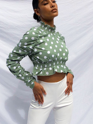 Sage Khaki Printed High Neck Ruched Blouse