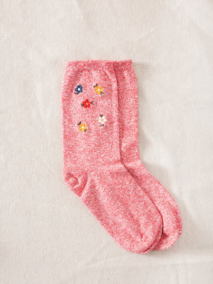 The Great Floral Embroidered Sock. -- Red With Multi Floral Embroidery