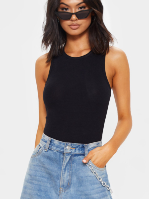 Black Soft Rib Racer Neck Sleeveless Bodysuit