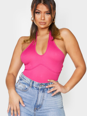 Hot Pink Rib Underbust Detail Halterneck Bodysuit