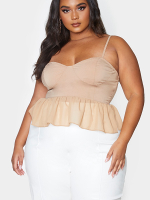 Plus Tan Woven Mesh Frill Peplum Top