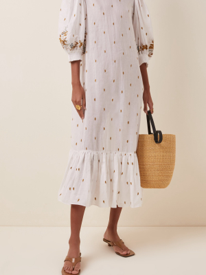 Printed Puff-sleeve Cotton-organza Midi Dress