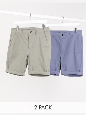 Asos Design 2 Pack Super Skinny Chino Shorts In Khaki & Blue Save