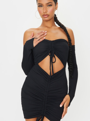 Black Ribbed Double Ruched Bandeau Bodycon Dress