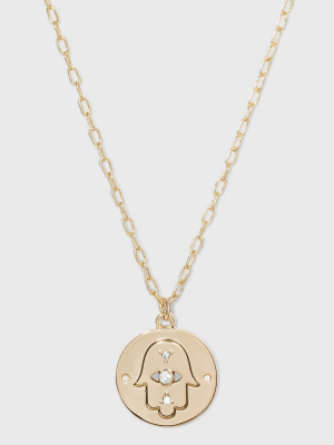 Hamsa Medallion On Chain Necklace - Gold