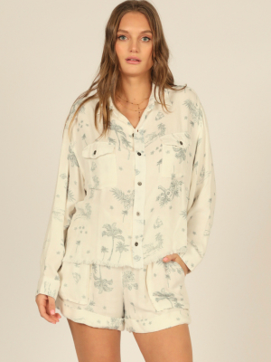 White Tropical Toile Print Camp Shirt