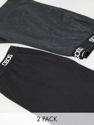 Asos Design Lounge Pajama Bottom 2 Pack In Black And Charcoal Marl With Branded Waistband Multipack Saving