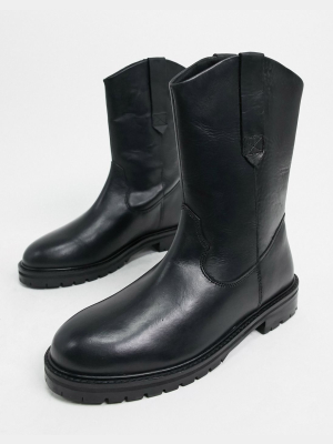 Asos Design Andy Leather Pull On Trucker Boots In Black