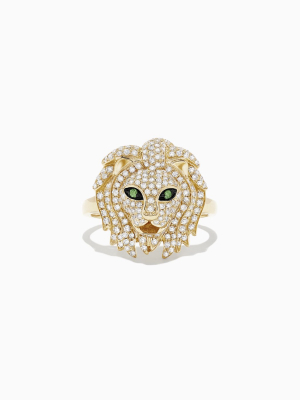 Effy Safari 14k Yellow Gold Diamond And Tsavorite Lion Head Ring, 0.69 Tcw