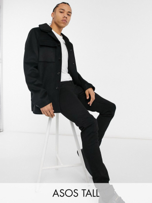 Asos Design Tall Wool-blend Jacket In Black With Contrast Collar