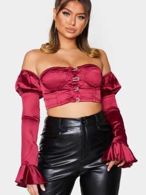 Burgundy Satin Bardot Frill Sleeve Crop Top