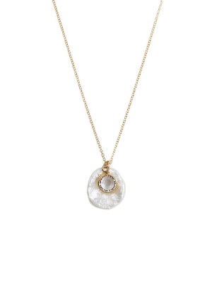 Round Flat Fresh Water Baroque Pearl + Clear Crystal Pendant Necklace