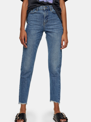 Mid Blue Ripped Hem Mom Tapered Jeans