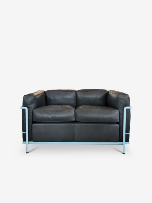 Lc2 Two Seater Sofa In Light Blue Enamel And Leather By Cassina