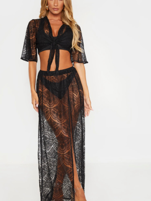 Black Lace Split Maxi Beach Skirt