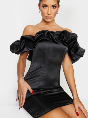 Black Satin Ruffle Bardot Bodycon Dress