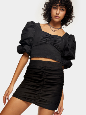 Black Ruched Plain Mini Skirt