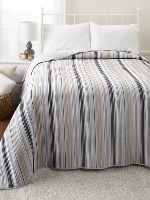 Lakeside Classic Farmhouse Striped Bedspread – Gray, Beige, And White