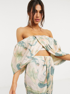 Asos Edition Drape Off Shoulder Top In Marble Print Two-piece