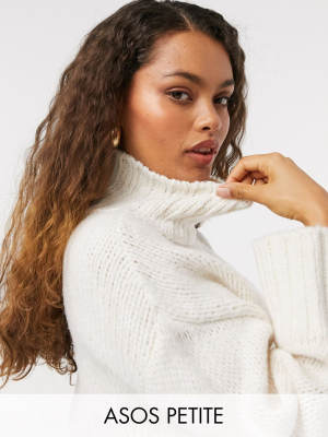 Asos Design Petite Relaxed Crop Sweater With High Neck In Cream