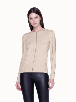 Knit Pullover In Cashmere Silk Rib With Fine Line Detail In Contrast Color