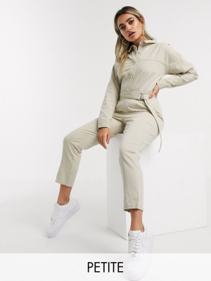 Missguided Petite Buttondown Tie Waist Jumpsuit In Stone