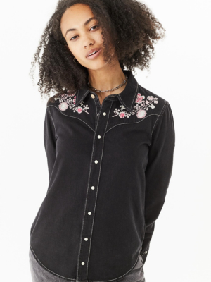 Uo Embroidered Western Denim Shirt