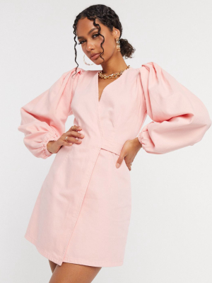 Asos Design Denim Wrap Puff Sleeve Mini Dress In Light Pink