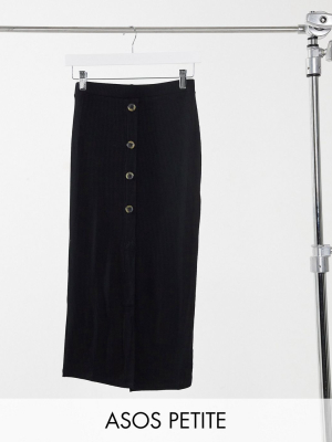 Asos Design Petite Rib Midi Skirt With Horn Buttons In Black