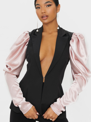 Black Woven Contrast Satin Puff Sleeve Blazer