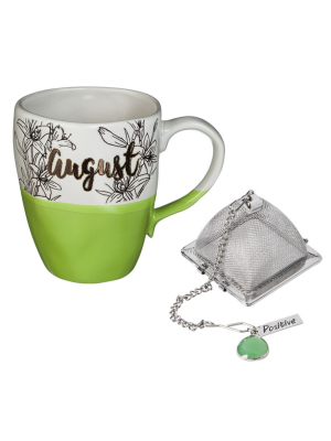 Evergreen Garden Ceramic Birthday Cup W/ Metallic Accent, Tea Charm, And Box, 16 Oz., August