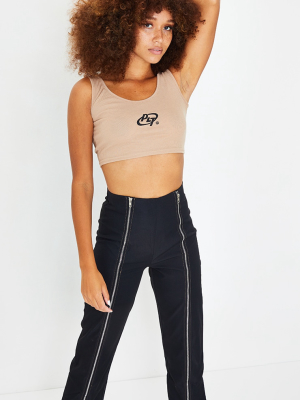 Prettylittlething Sand Circle Logo Rib Crop Top