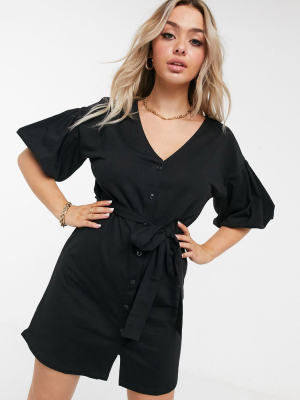 Asos Design Mini Dress With Bubble Sleeve And Tie Belt In Black