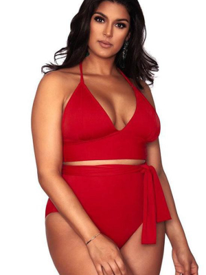 Plus Size High Waisted High Leg Triangle Halter Bikini Swimsuit - Two Piece Set