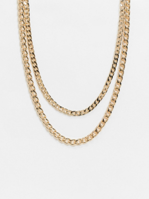 Asos Design Multirow Necklace In Mixed Curb Chain In Gold Tone