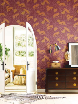 Tibetan Tigers Wallpaper In Red, Orange, And Gold From The Tea Garden Collection By Ronald Redding For York Wallcoverings