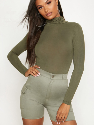 Khaki Roll Neck Long Sleeve Bodysuit