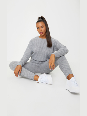 Grey Ribbed Slouchy Sweater Knitted Lounge Set