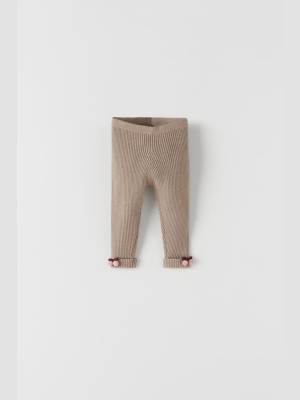 Pompom Trim Ribbed Knit Leggings