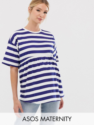 Asos Design Maternity Smock T-shirt In Washed Blue Stripe