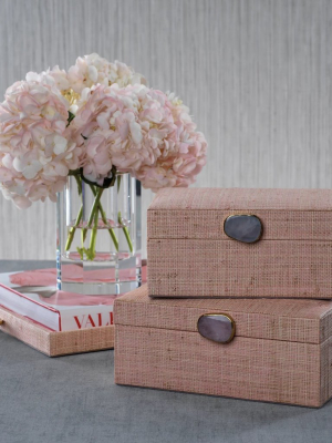 Raffia Palm Box With Stone Accent - Blush