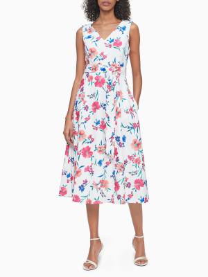 Floral Sleeveless Belted A-line Midi Dress