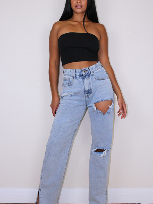 Petite Bleach Wash Distressed Split Hem Jeans