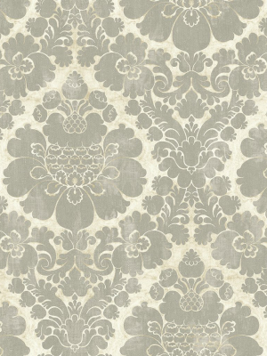 Framed Damask Wallpaper In Warm Silver From The Caspia Collection By Wallquest