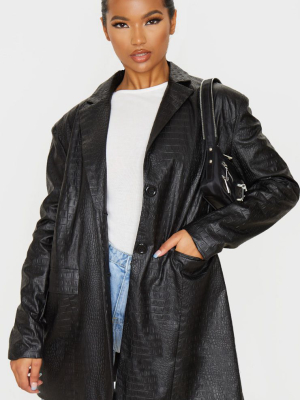 Black Faux Leather Croc Oversized Dad Blazer