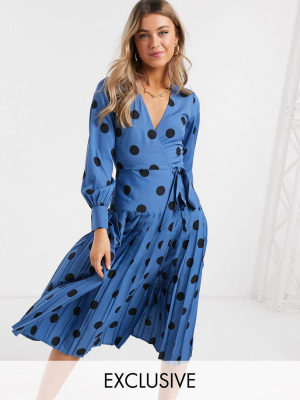 Wednesday's Girl Midi Wrap Dress With Pleated Skirt In Large Scale Spot