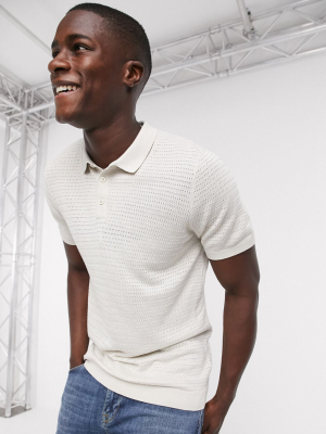 Topman Knitted Polo In Ecru