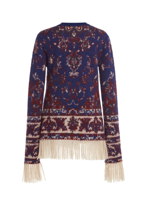 Fringe-trimmed Wool Jacquard Crewneck Sweater