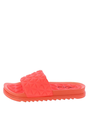 Kelly28 Neon Coral Geo Texture Open Toe Slide On Flat