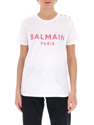 Balmain Logo Print Button Detail T-shirt